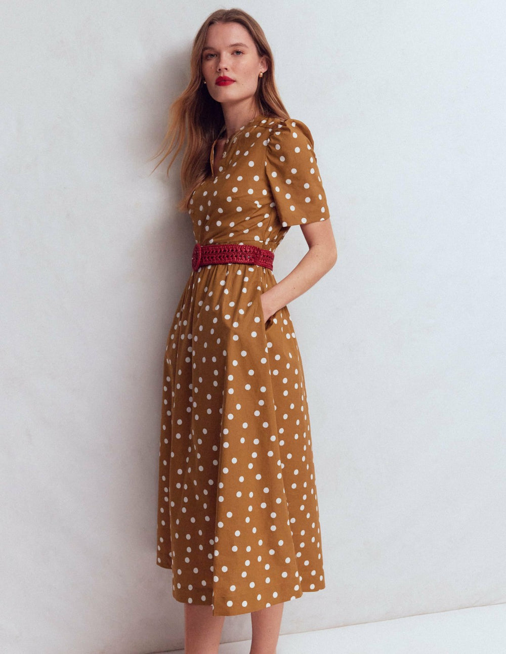 Ivy Placket Cotton Midi Dress-Brown Painted Dot Spaced / Boden Discount