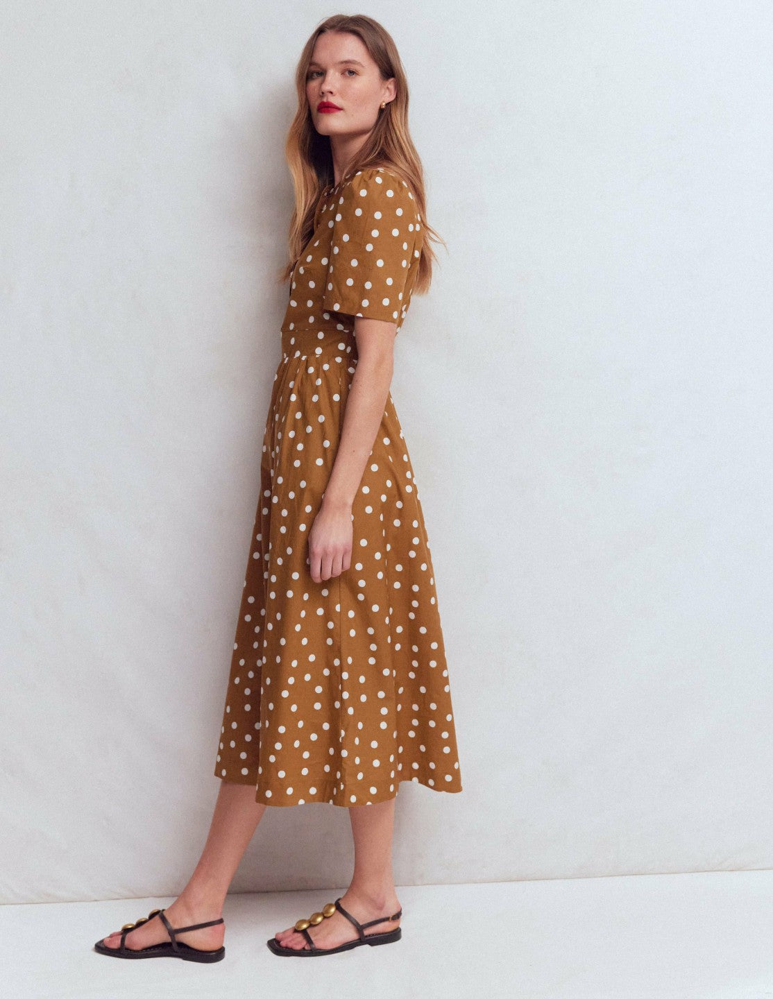 Ivy Placket Cotton Midi Dress-Brown Painted Dot Spaced / Boden Discount