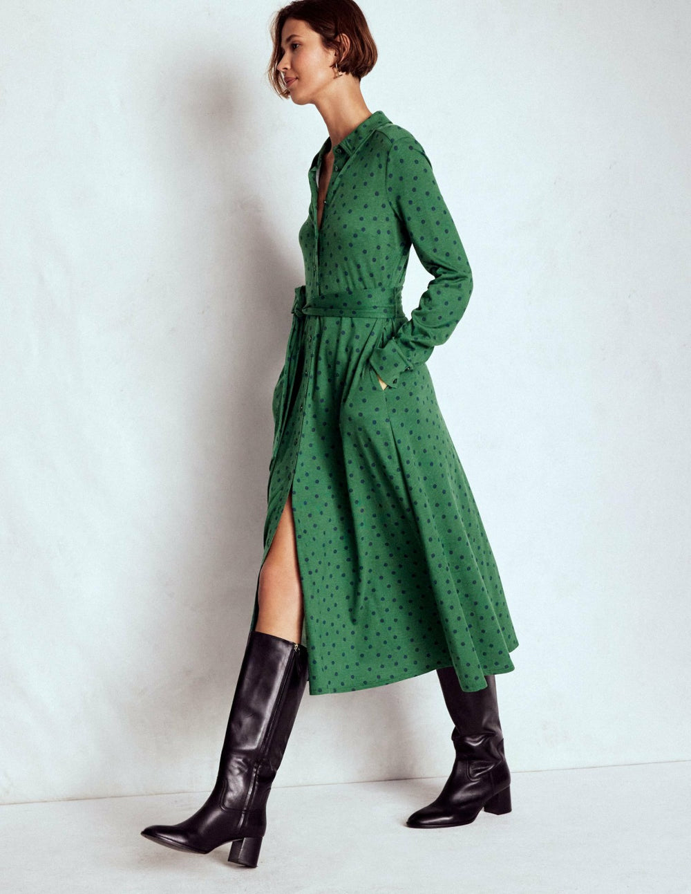 Marcia Jersey Shirt Dress-Hunter Green, Painted Dot / Boden