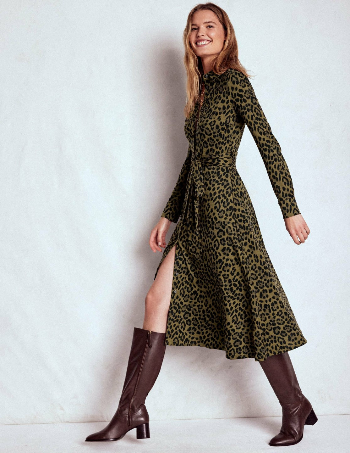 Marcia Jersey Shirt Dress-Military Olive, Brushed Animal / Boden Sale