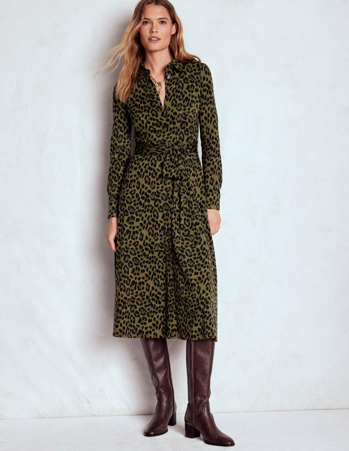 Marcia Jersey Shirt Dress-Military Olive, Brushed Animal / Boden Sale