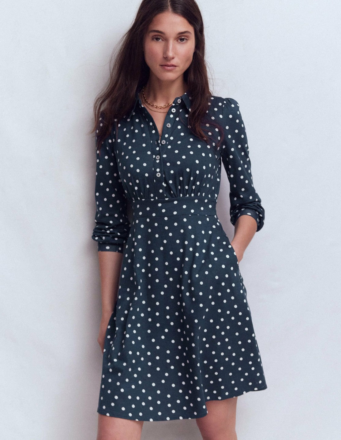 Orla Short Jersey Shirt Dress-French Navy, Painted Dot / Boden Online