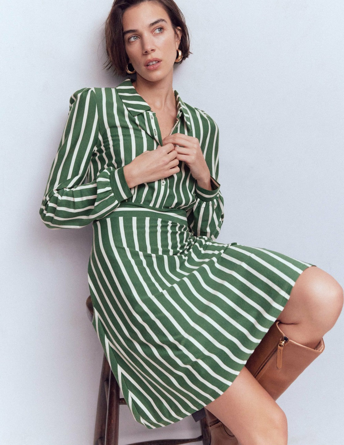 Orla Short Jersey Shirt Dress-Hunter Green and Ivory Stripe / Boden Discount