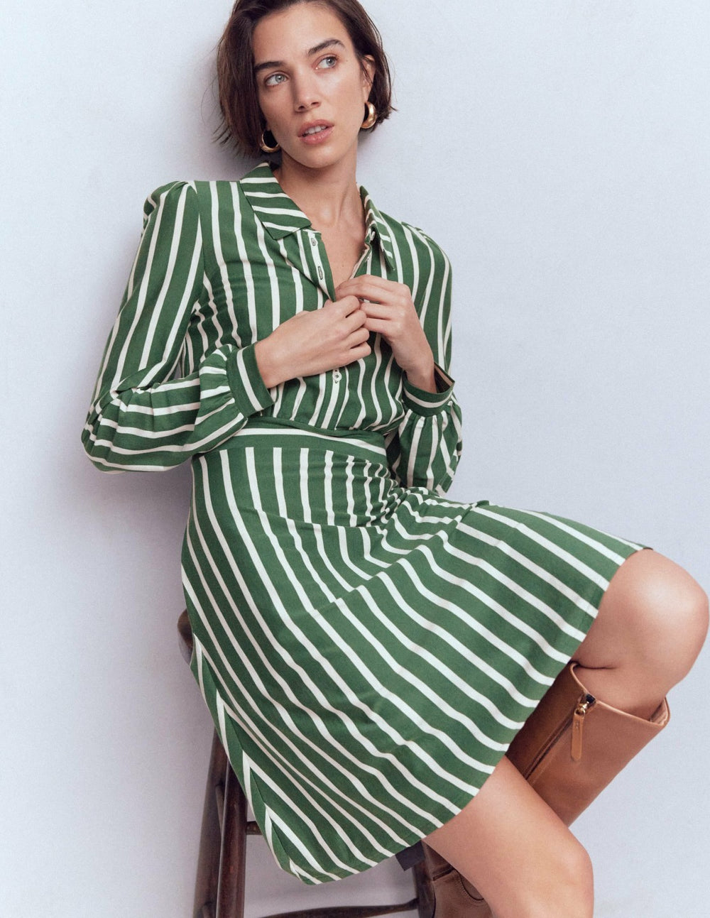 Orla Short Jersey Shirt Dress-Hunter Green and Ivory Stripe / Boden Discount