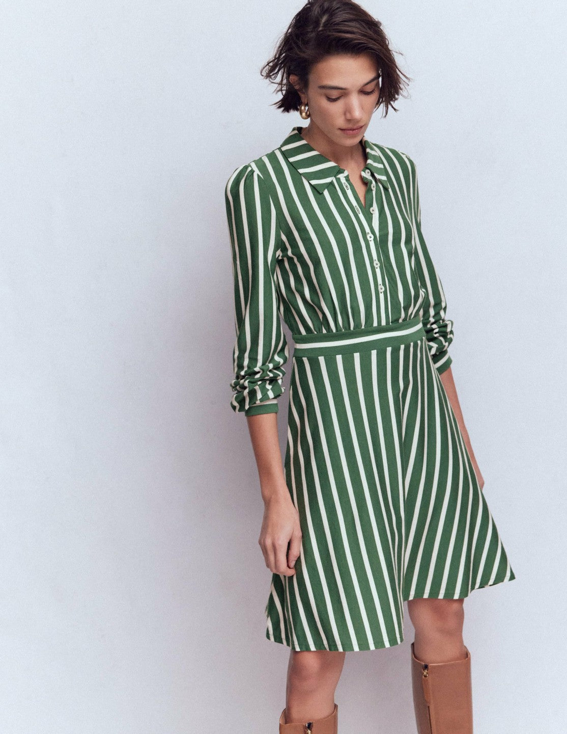 Orla Short Jersey Shirt Dress-Hunter Green and Ivory Stripe / Boden Discount