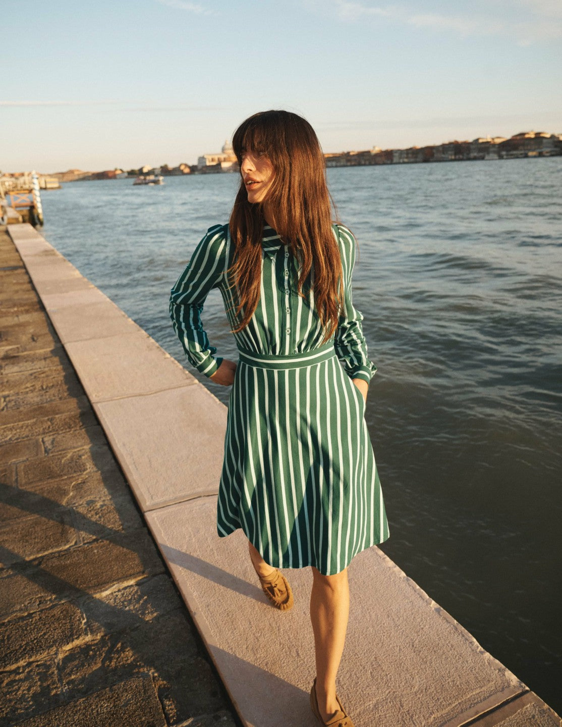 Orla Short Jersey Shirt Dress-Hunter Green and Ivory Stripe / Boden Discount