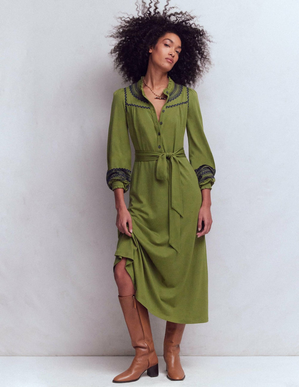Embroidered Jersey Shirt Dress-Olive / Boden On sale