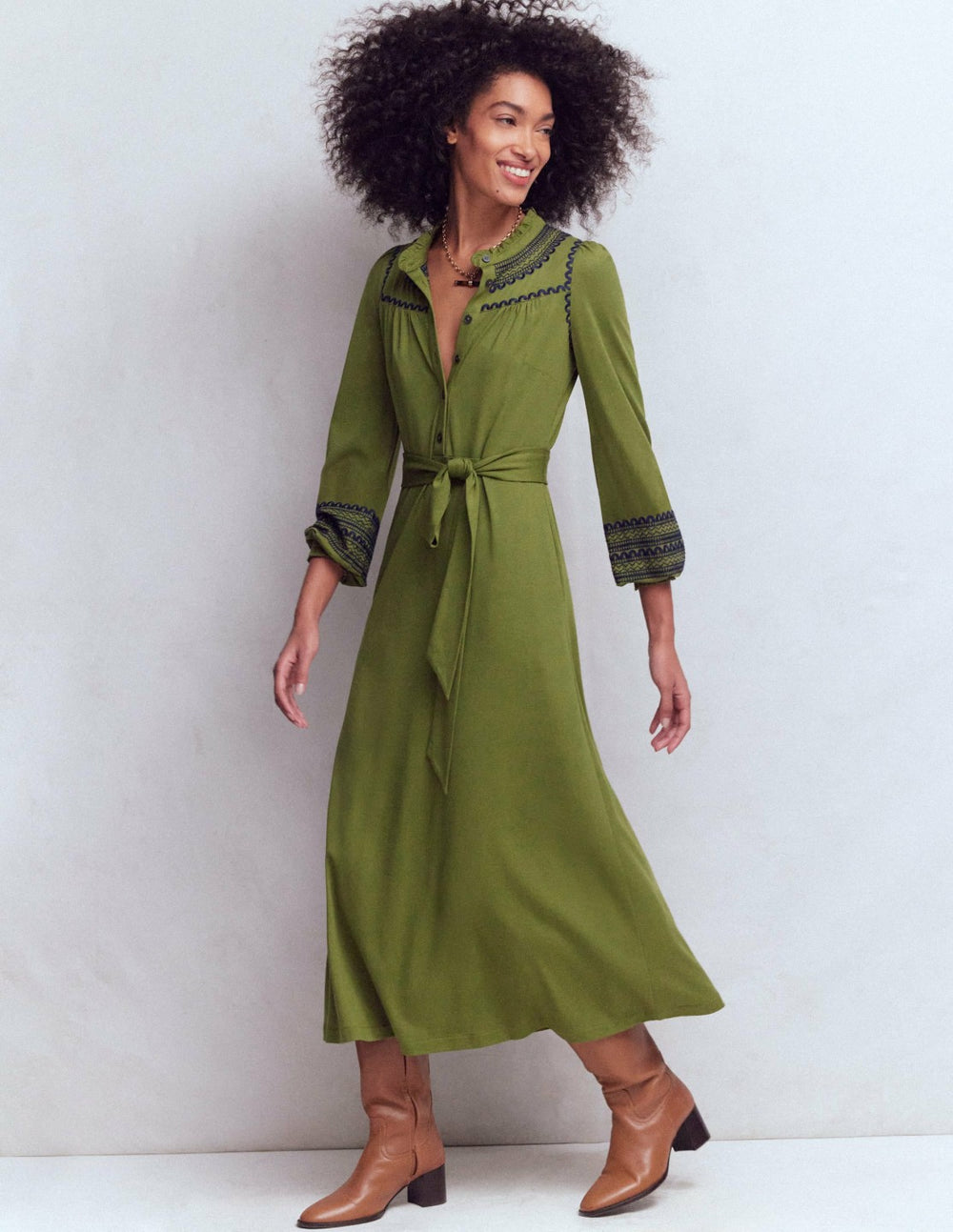 Embroidered Jersey Shirt Dress-Olive / Boden On sale