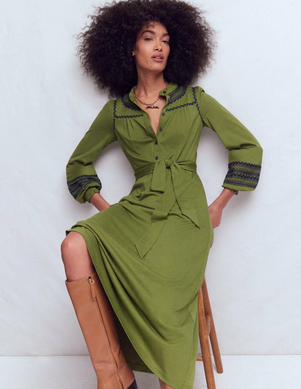 Embroidered Jersey Shirt Dress-Olive / Boden On sale