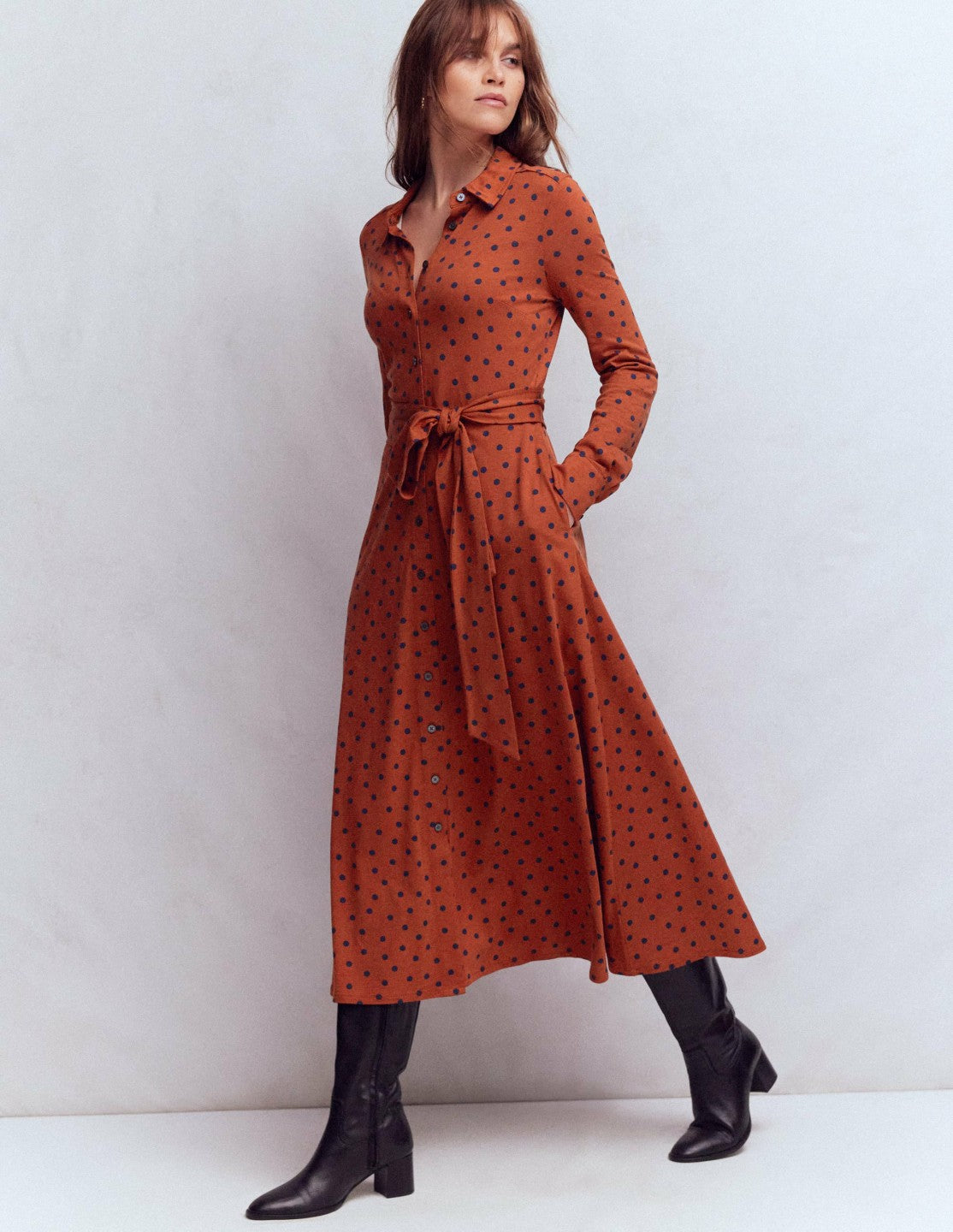 Marcia Jersey Shirt Dress-Burnt Orange, Navy Spot / Boden Sale