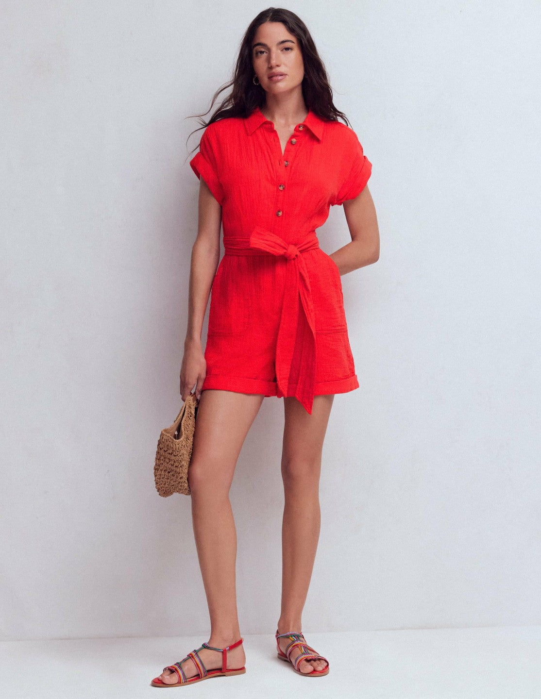 Kay Double Cloth Playsuit-Poppy Red / Boden Outlet