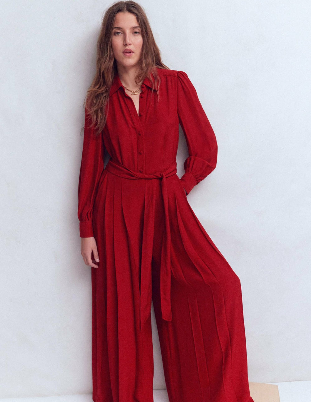 Button Up Palazzo Jumpsuit-Red / Boden On sale
