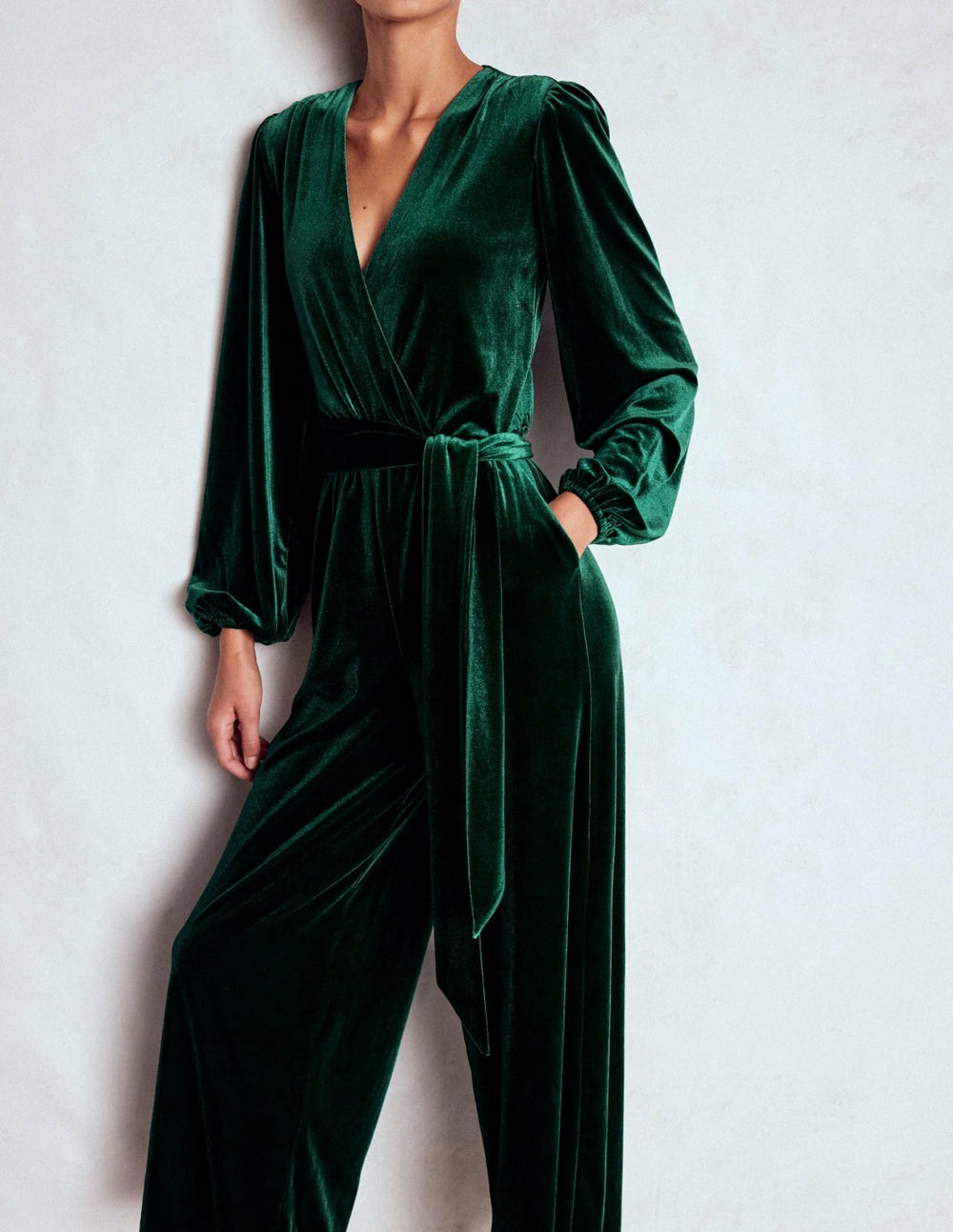 Jersey Velvet Wrap Jumpsuit-Emerald Night / Boden Sale