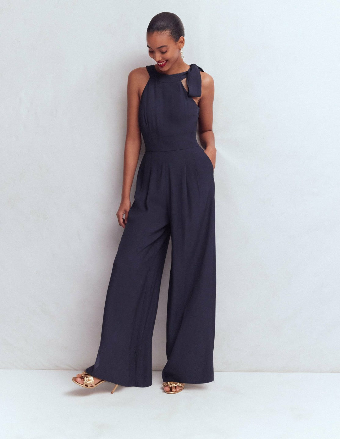 Tie Halter Neck Jumpsuit-Navy / Boden On sale