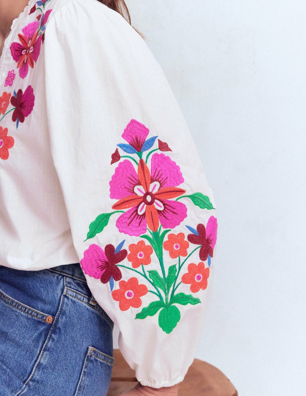 Embroidered Notch Neck Top-Floral Placement Embroidery / Boden Sale