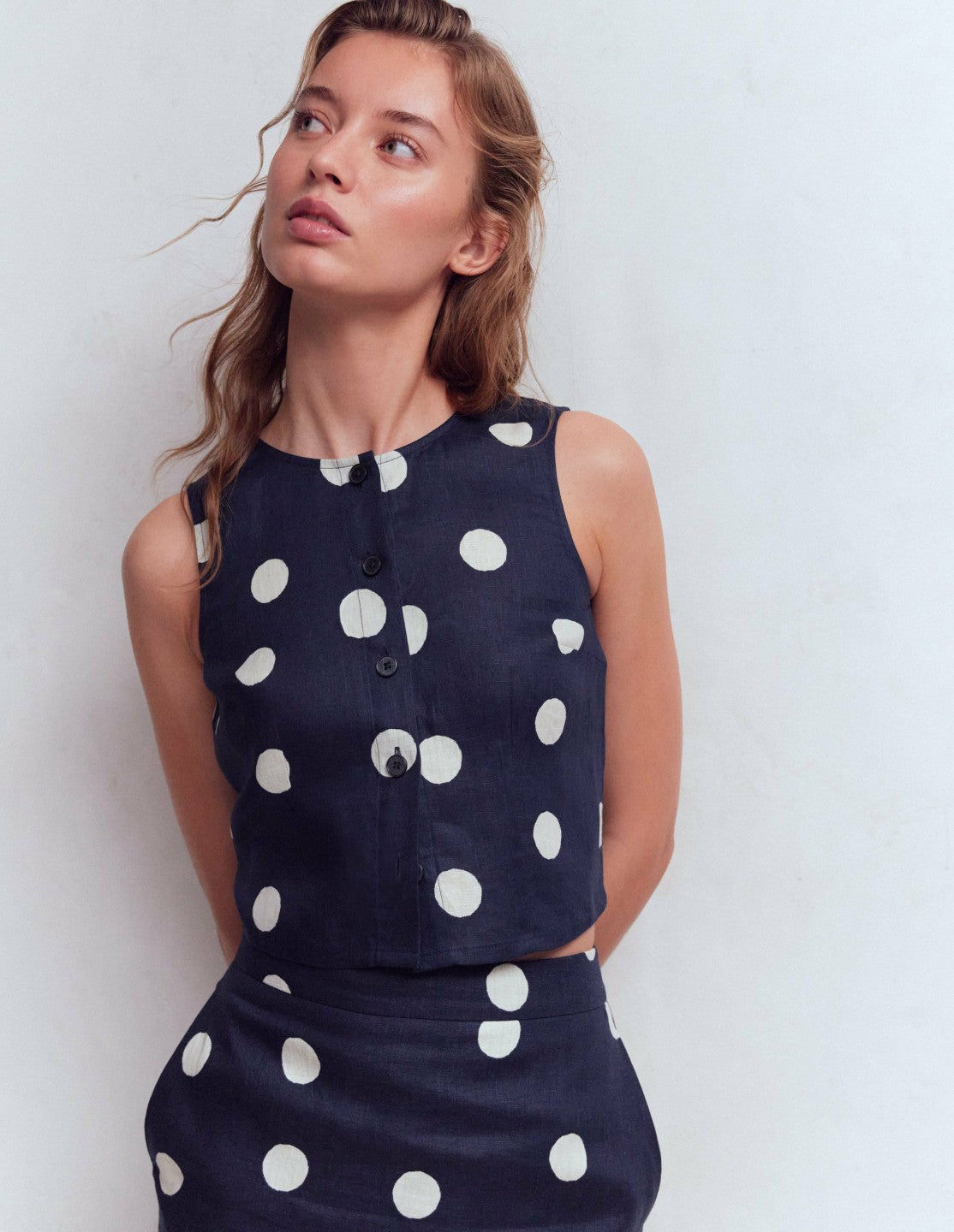 Andrea Linen Shell Top-French Navy, Painted Dot / Boden Online