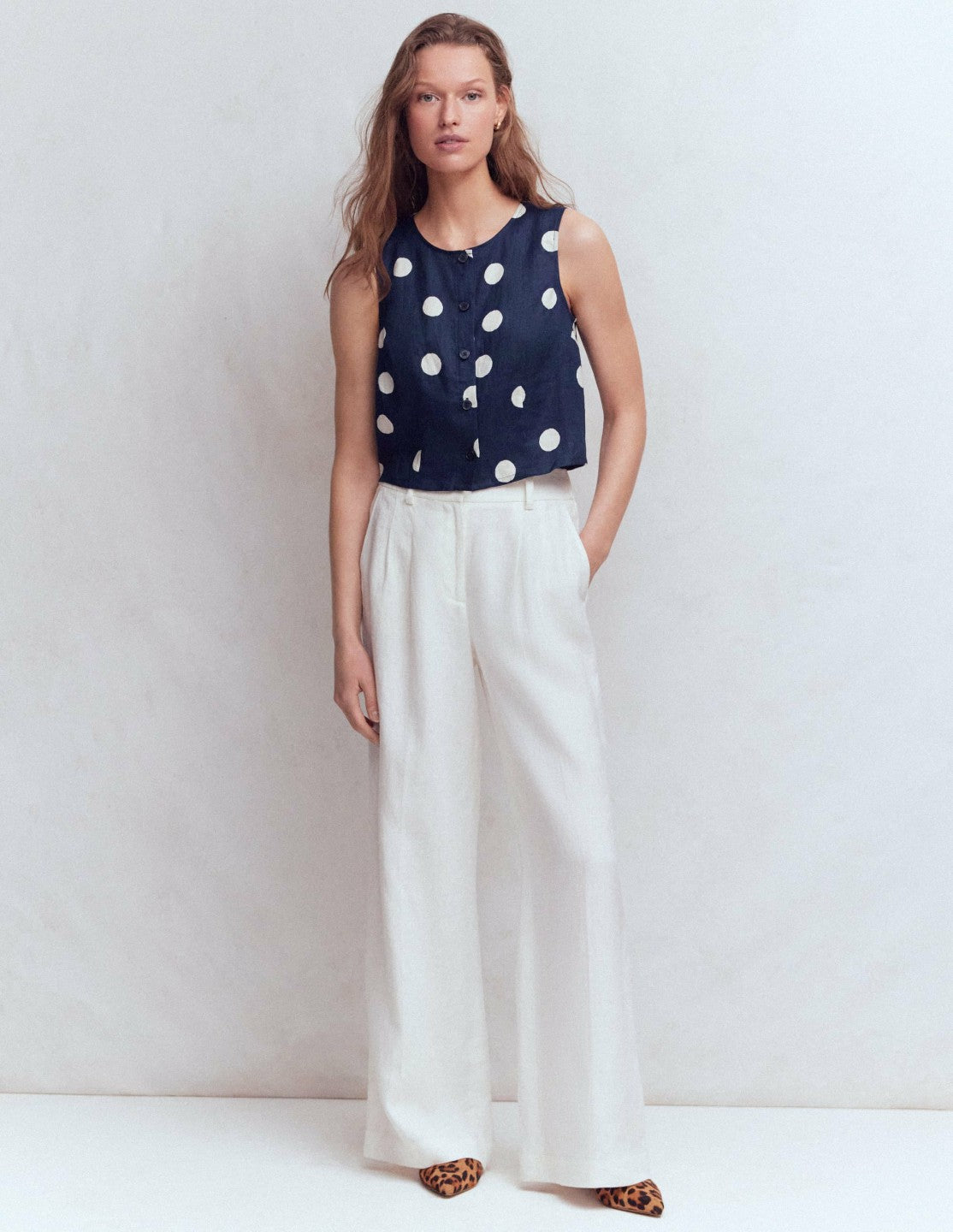 Andrea Linen Shell Top-French Navy, Painted Dot / Boden Online