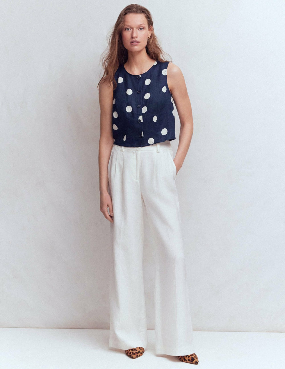 Andrea Linen Shell Top-French Navy, Painted Dot / Boden Online