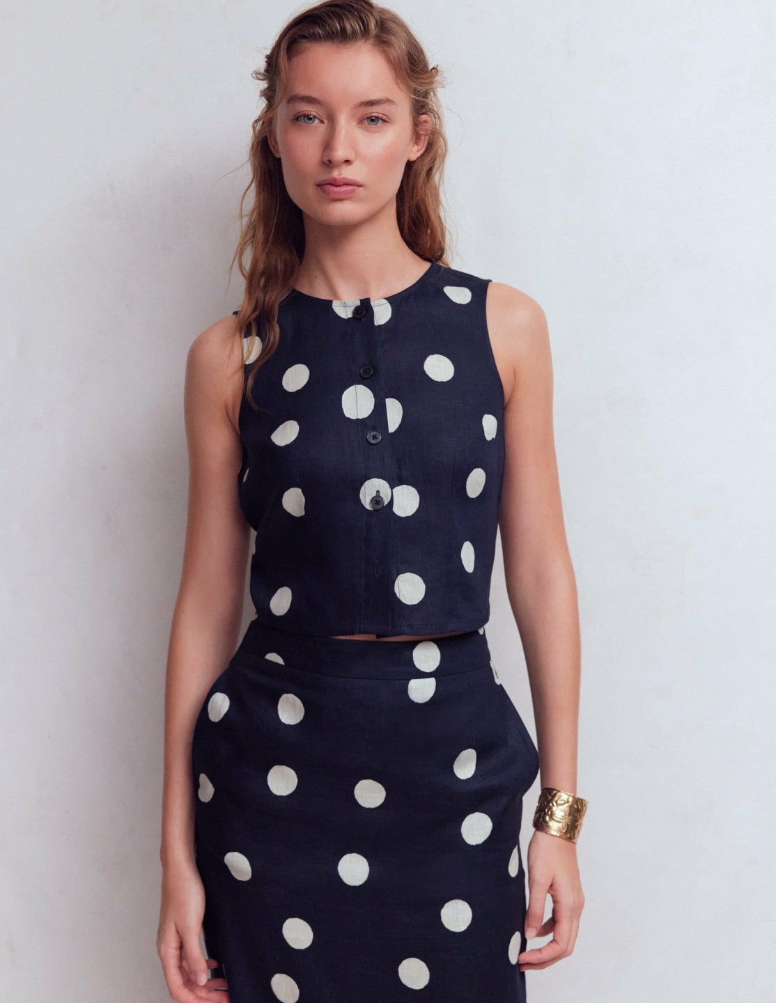 Andrea Linen Shell Top-French Navy, Painted Dot / Boden Online