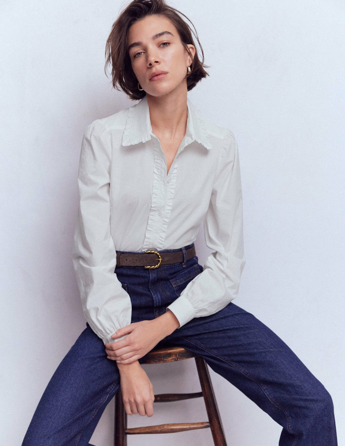 Cara Cotton Shirt-White Ruffle / Boden Outlet