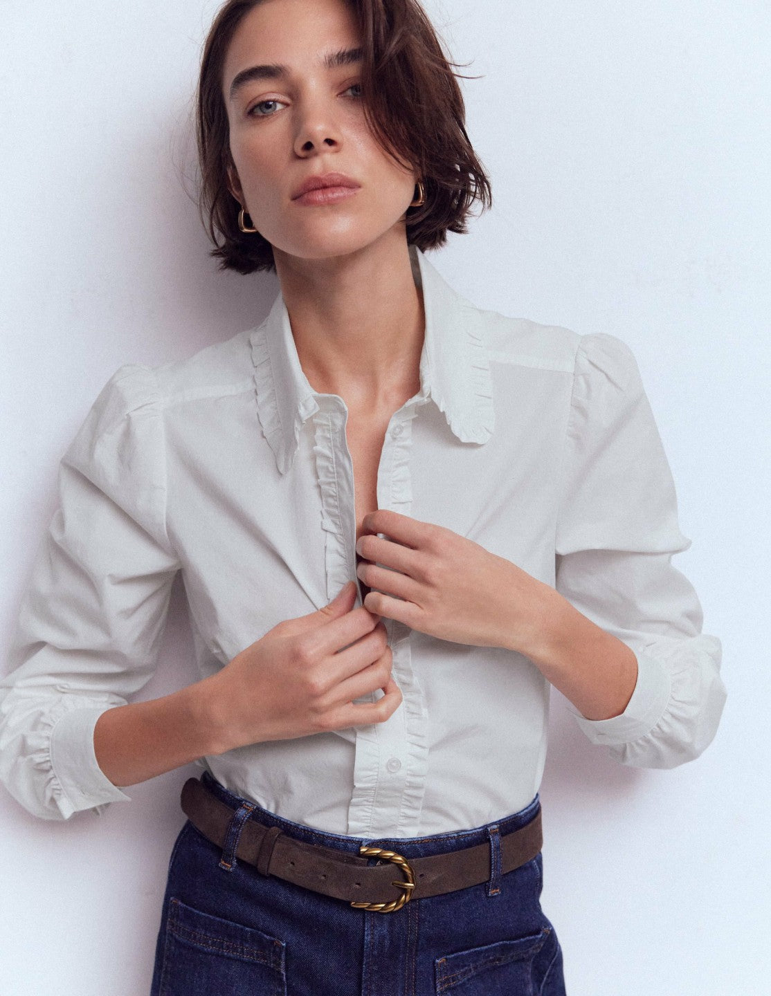 Cara Cotton Shirt-White Ruffle / Boden Outlet