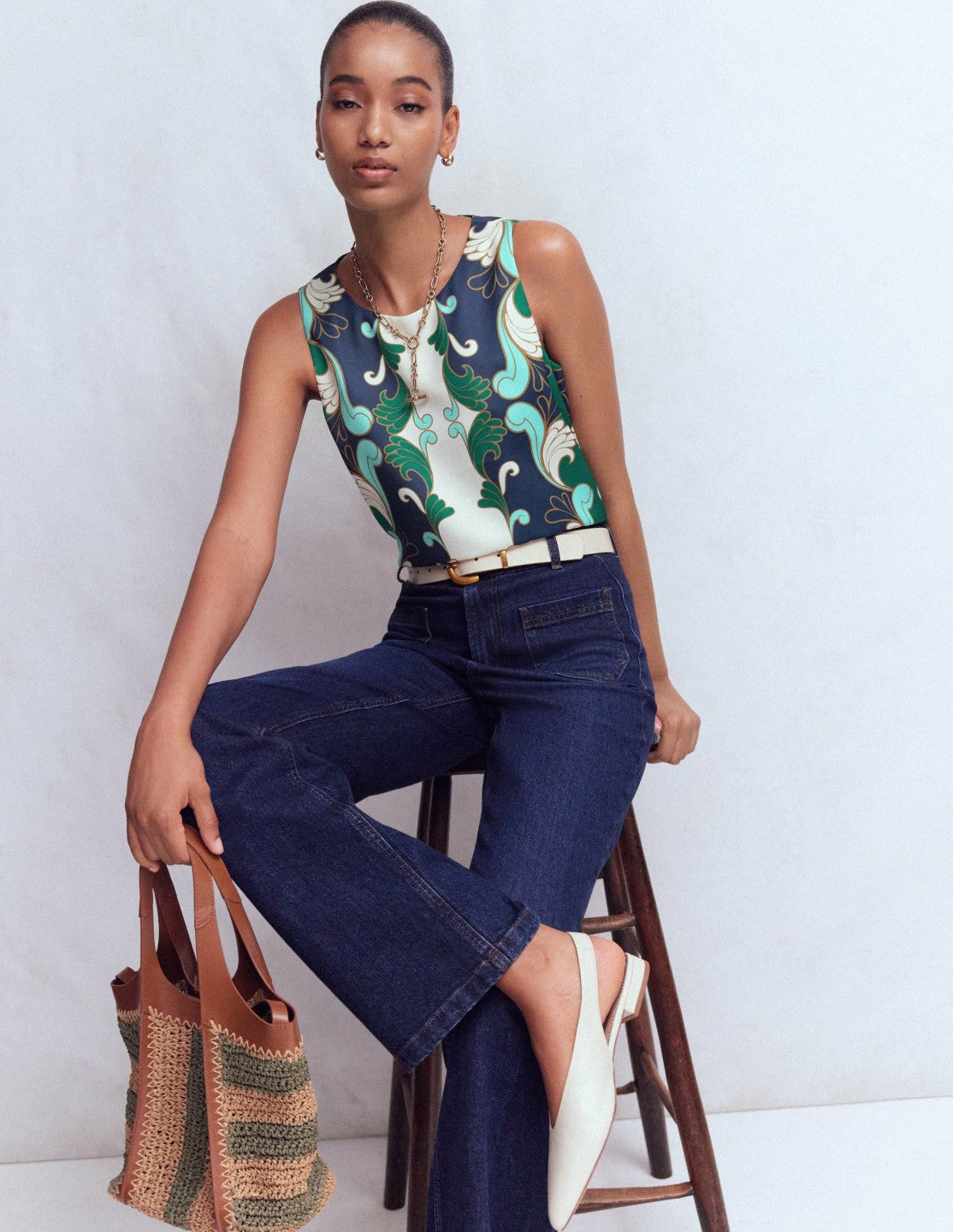 Relaxed Sleeveless Shell Top-Ivory, Foliage Whirl / Boden Discount