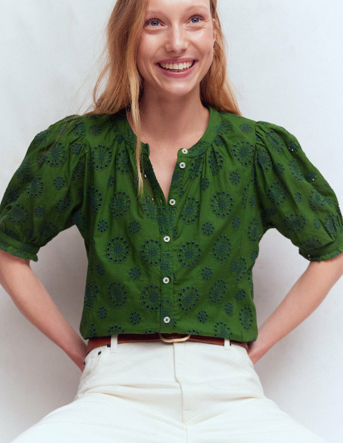 Camille Embroidered Cotton Top-Promenade Green Broderie / Boden On sale