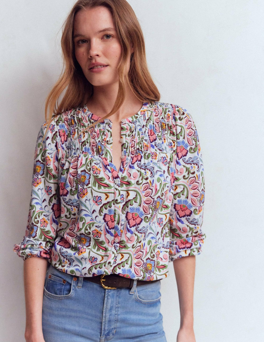 Mya Smocked Jersey Shirt-Multi, Flourishing Meadow / Boden Discount