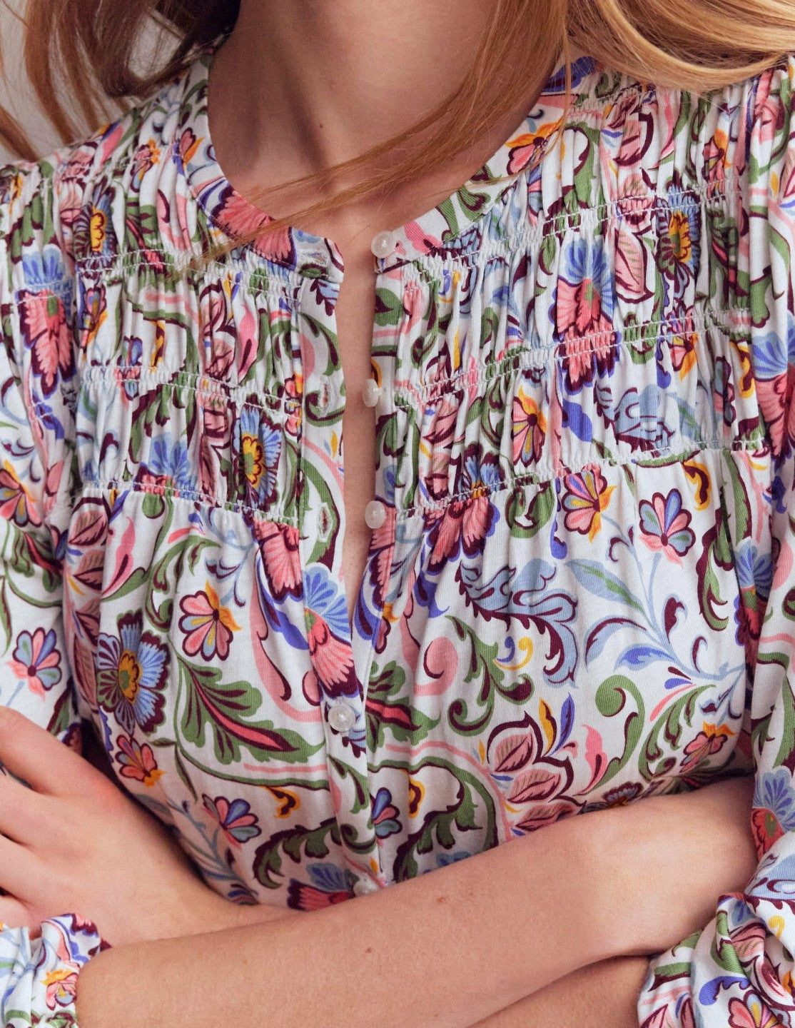 Mya Smocked Jersey Shirt-Multi, Flourishing Meadow / Boden Discount