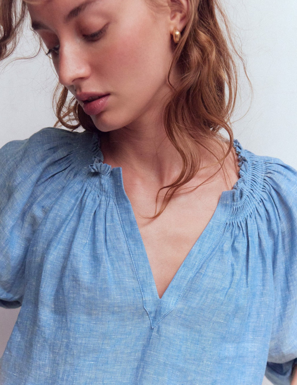 Serena Pleat Neck Linen Top-Chambray / Boden On sale