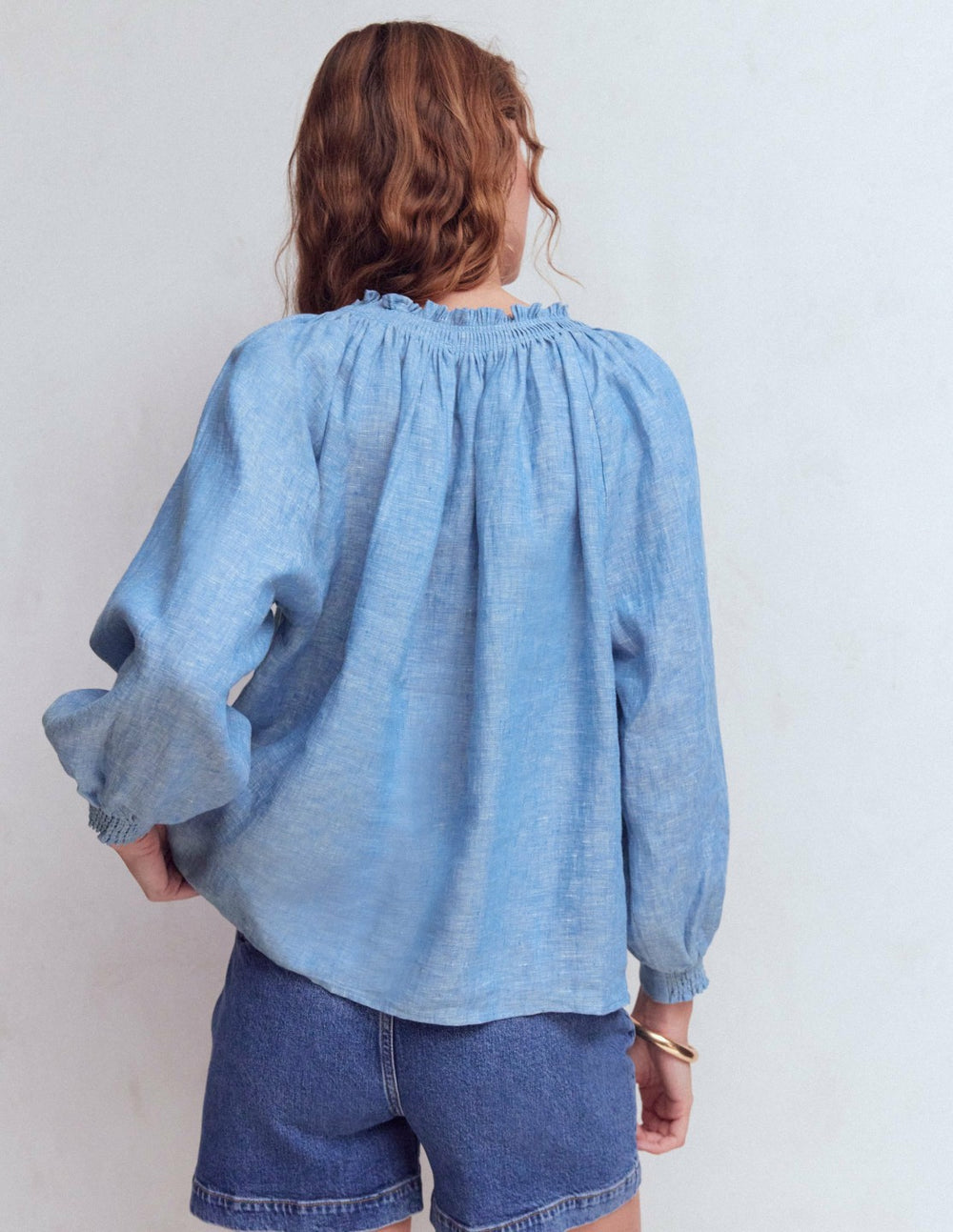 Serena Pleat Neck Linen Top-Chambray / Boden On sale