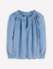 Serena Pleat Neck Linen Top-Chambray / Boden On sale