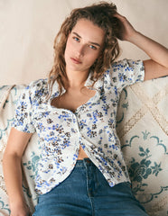 Nessa Broderie Collar Blouse-Ivory, Blue Bloom Scatter / Boden us