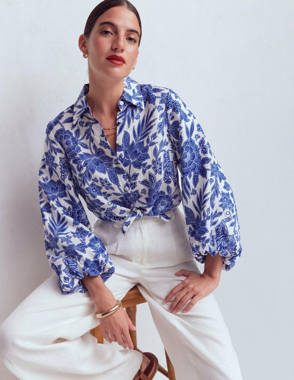 Puff Sleeve Linen Shirt-Sapphire Blue, Tigers Paradise / Boden