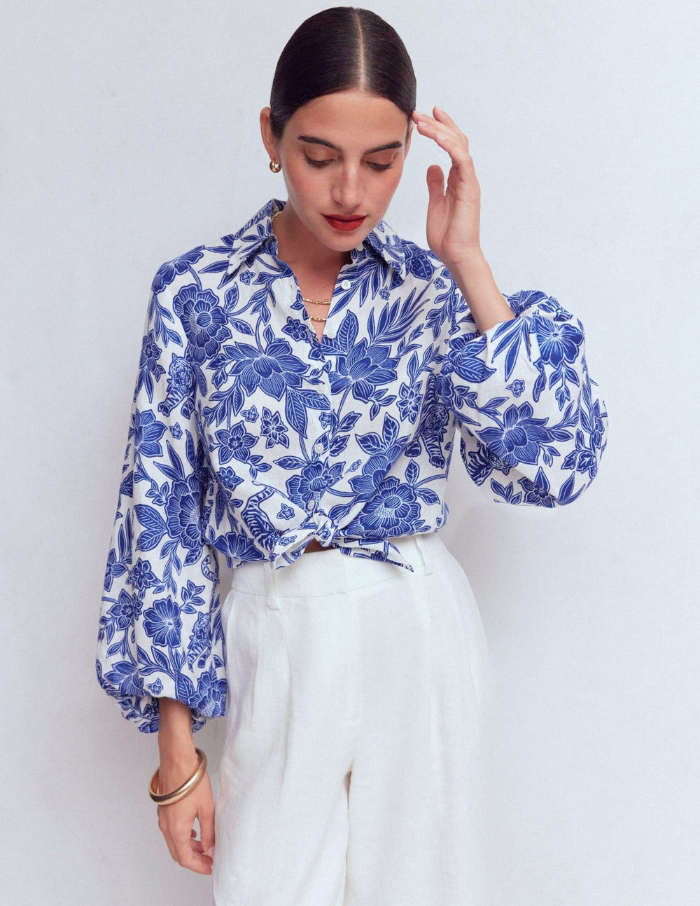 Puff Sleeve Linen Shirt-Sapphire Blue, Tigers Paradise / Boden
