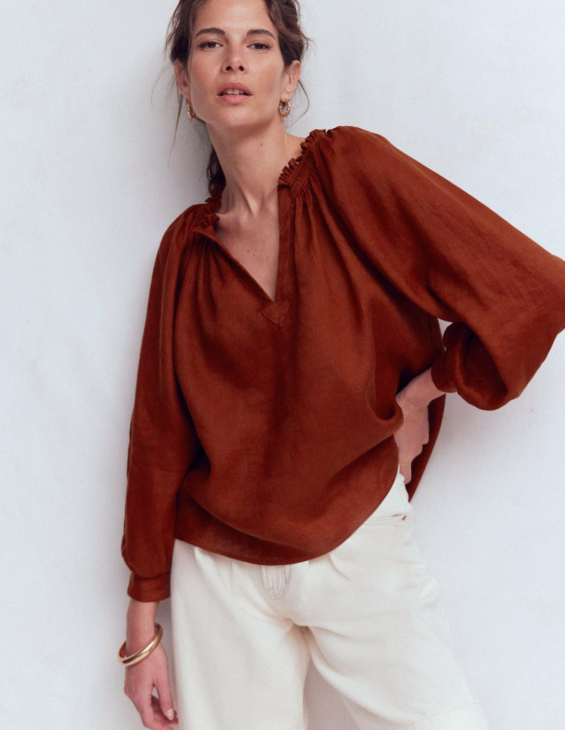 Serena Pleat Neck Linen Top-Burnt Henna / Boden Discount