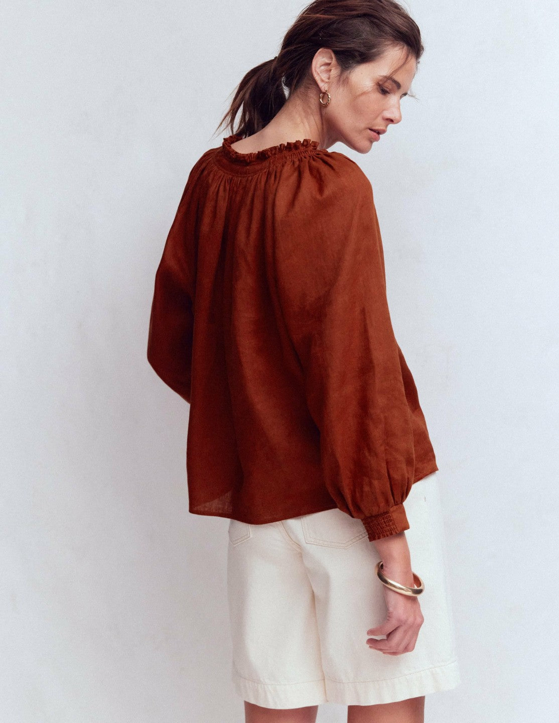 Serena Pleat Neck Linen Top-Burnt Henna / Boden Discount