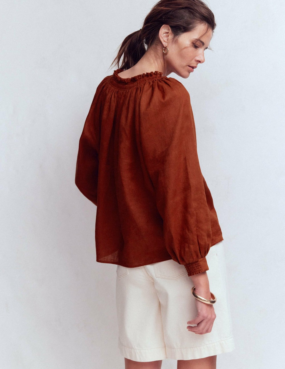 Serena Pleat Neck Linen Top-Burnt Henna / Boden Discount