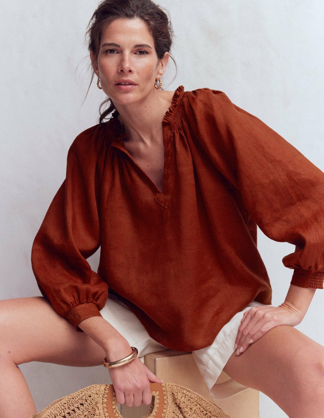 Serena Pleat Neck Linen Top-Burnt Henna / Boden Discount