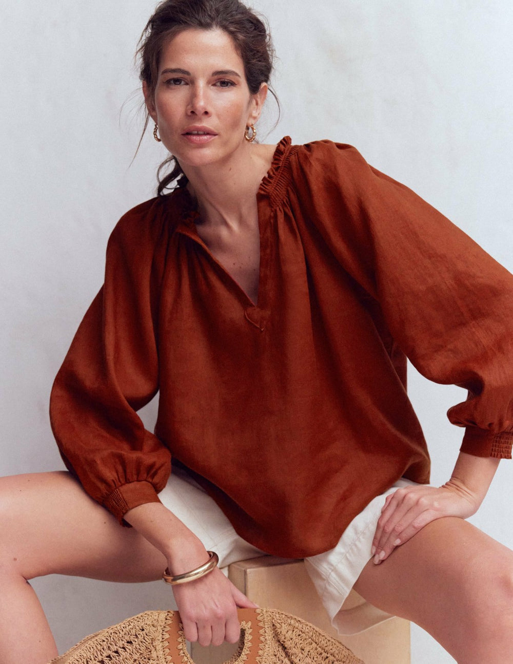 Serena Pleat Neck Linen Top-Burnt Henna / Boden Discount