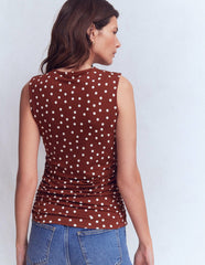 Tia Sleeveless Ruch Jersey Top-Bitter Chocolate & Ivory Spot / Boden