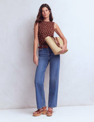 Tia Sleeveless Ruch Jersey Top-Bitter Chocolate & Ivory Spot / Boden