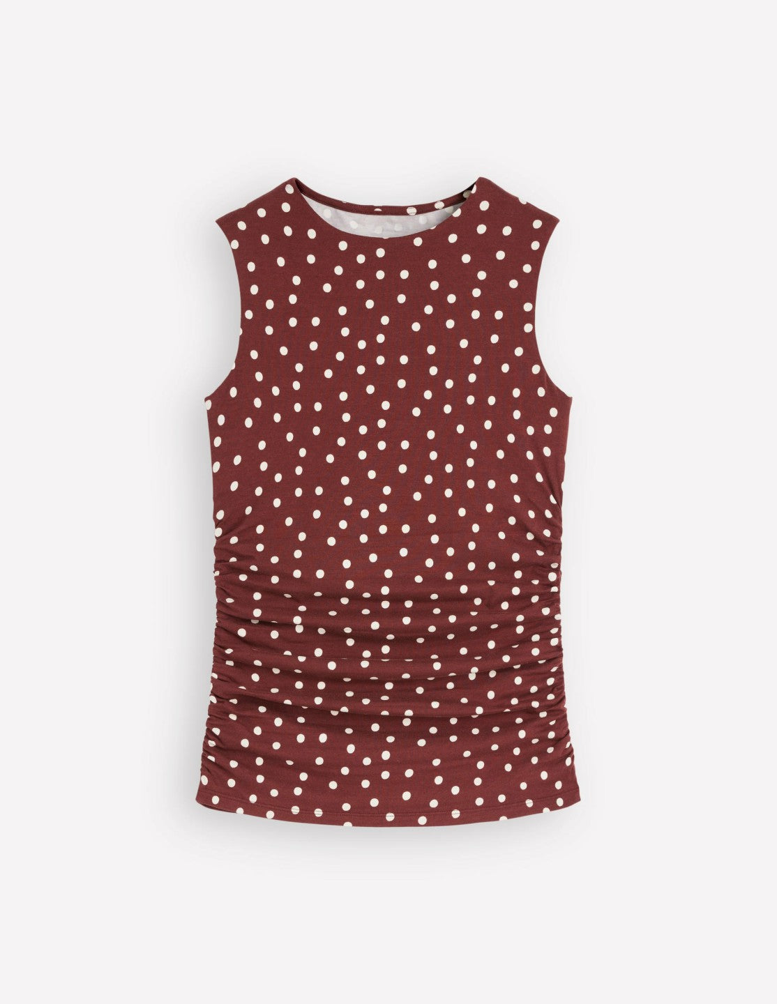 Tia Sleeveless Ruch Jersey Top-Bitter Chocolate & Ivory Spot / Boden
