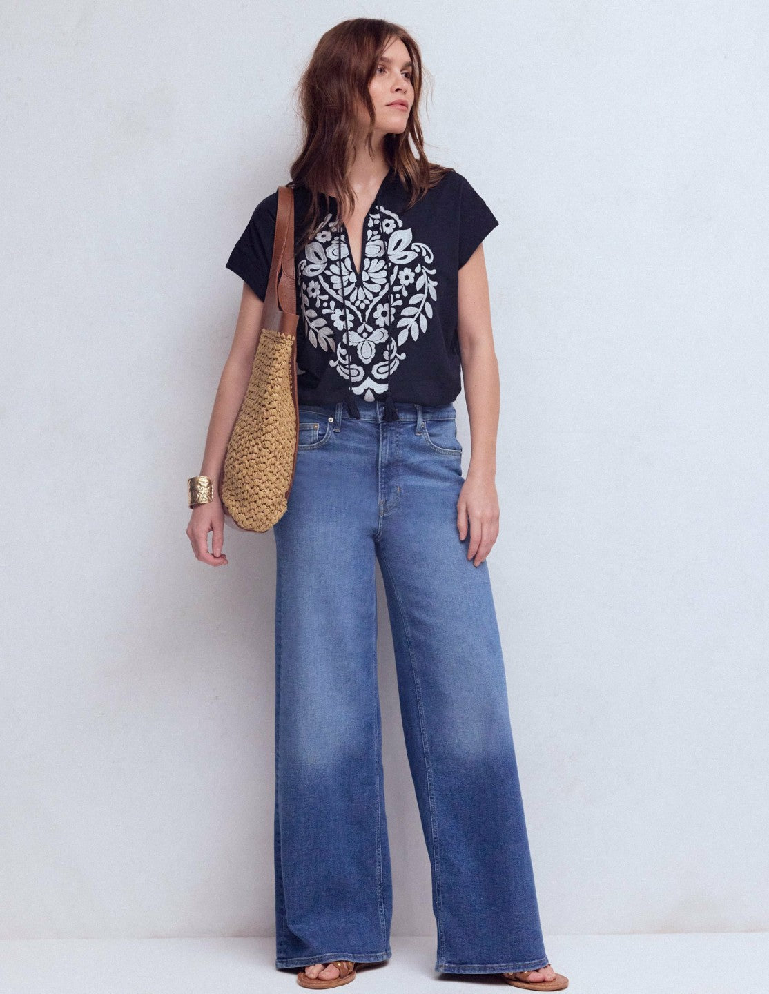 Nina Embroidered Notch T-shirt-Navy Embroidery / Boden Sale