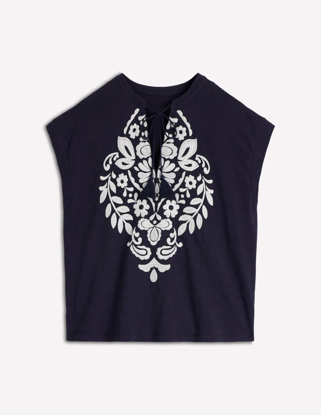 Nina Embroidered Notch T-shirt-Navy Embroidery / Boden Sale