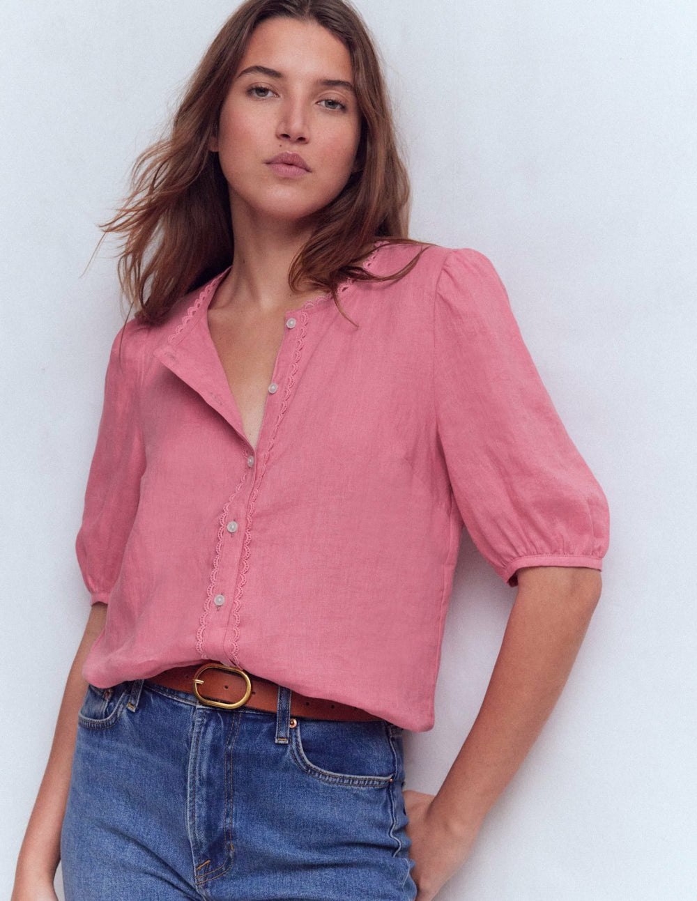 Leah Short Sleeve Linen Top-Pink Parfait / Boden On sale