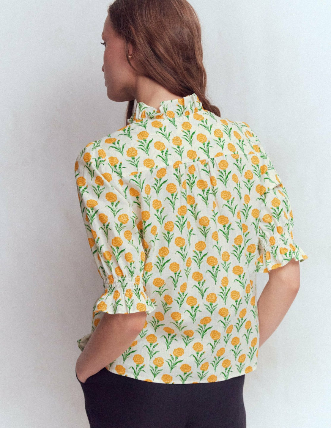 Heather Smocked Sleeve Top-Marigold, Carnation Stems / Boden Online