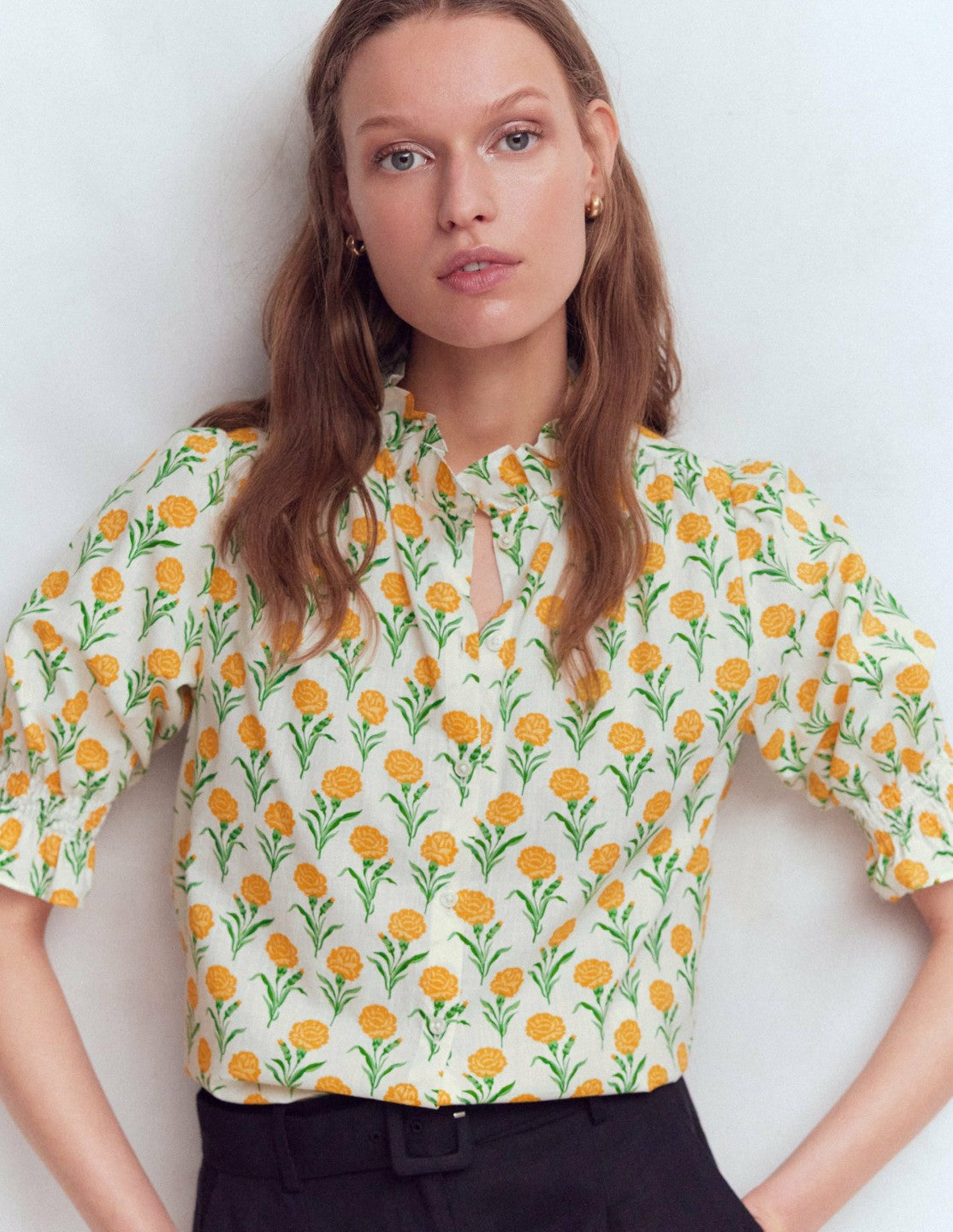 Heather Smocked Sleeve Top-Marigold, Carnation Stems / Boden Online