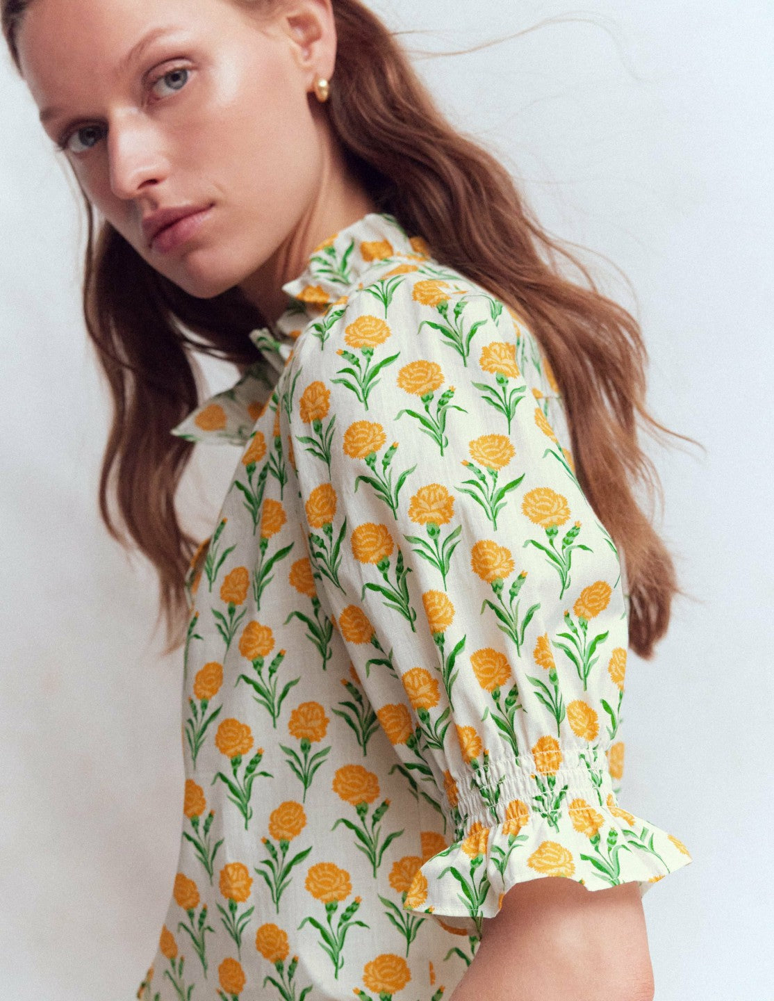 Heather Smocked Sleeve Top-Marigold, Carnation Stems / Boden Online