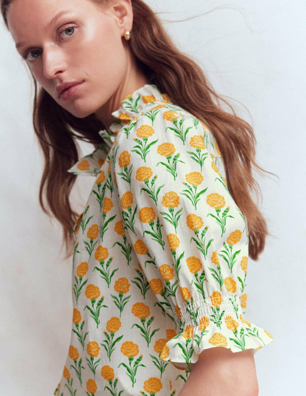 Heather Smocked Sleeve Top-Marigold, Carnation Stems / Boden Online